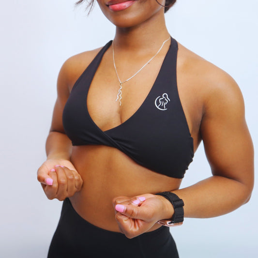 Twist Front Warm black Halter Sports Bra 